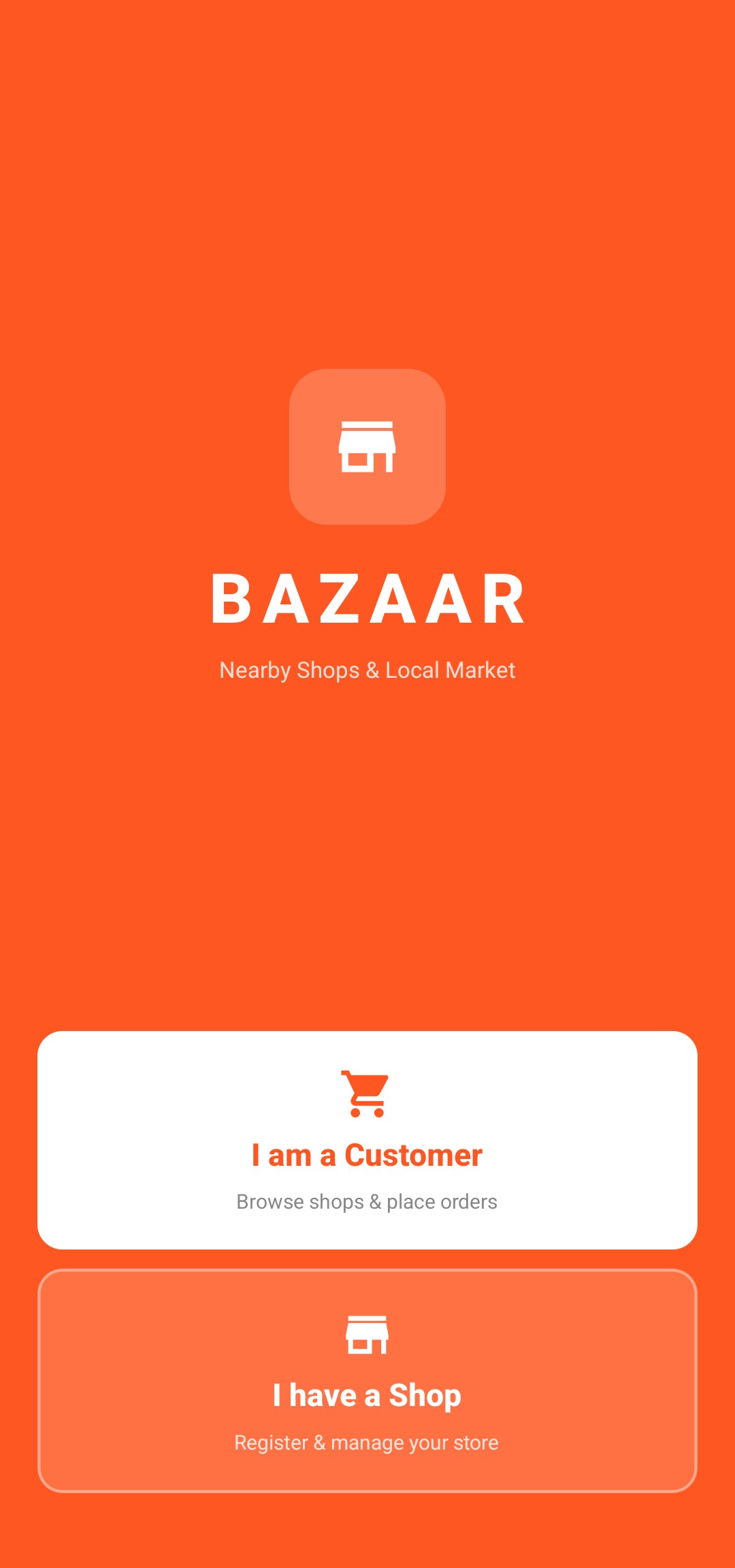 Bazaar onboarding screen — choose Customer or Shop