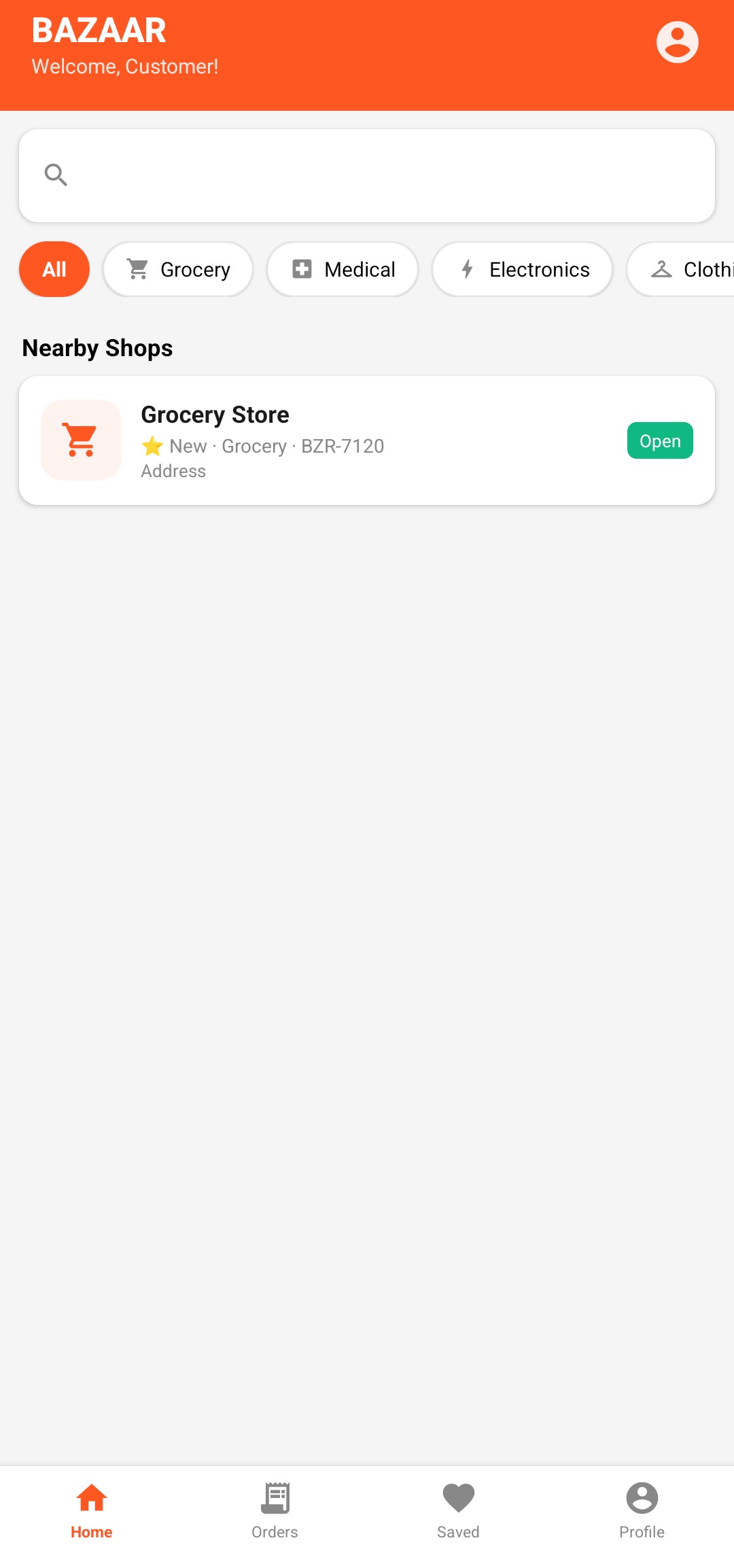 Bazaar home screen — nearby shops list