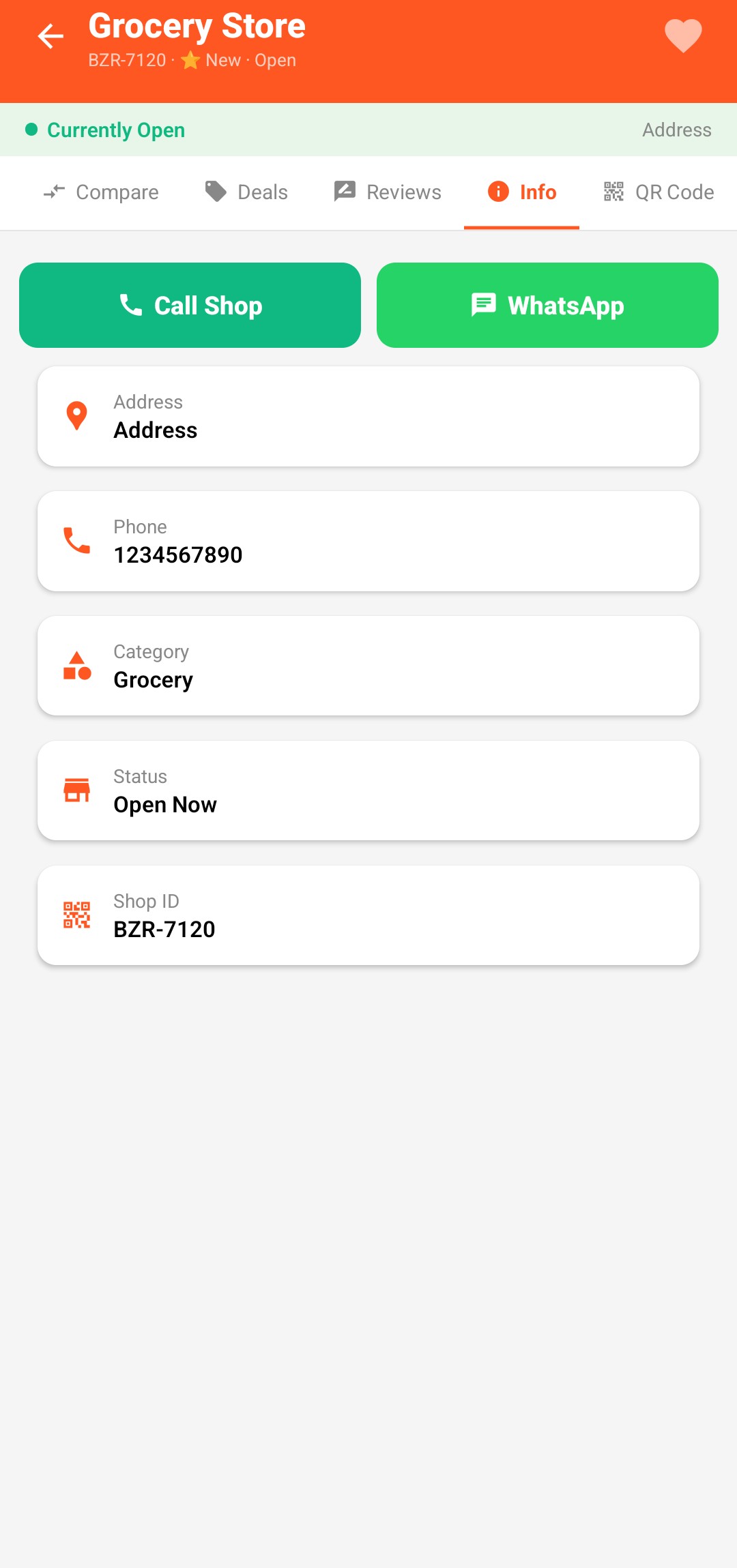 Bazaar shop info — call and WhatsApp