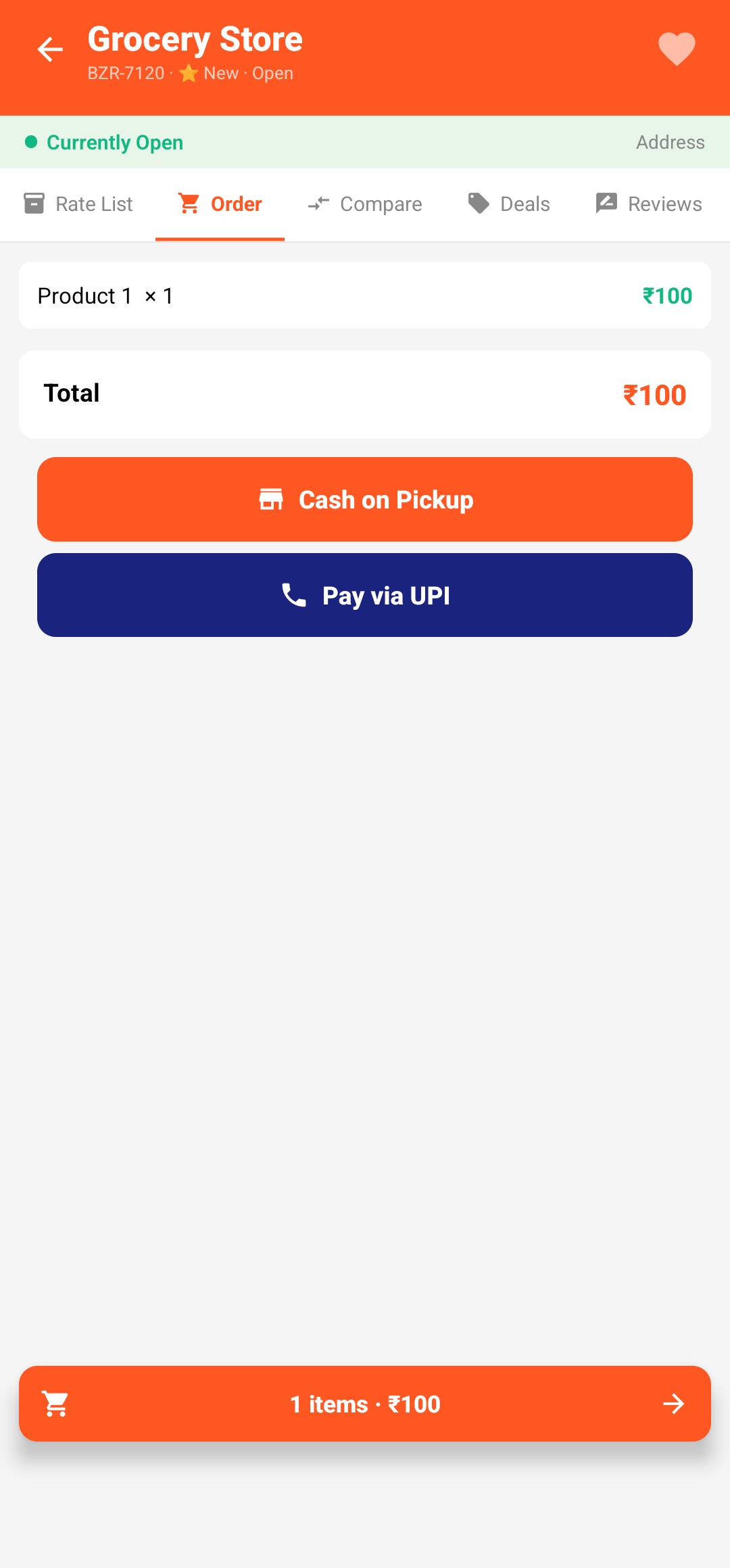 Bazaar order screen — cash on pickup or UPI